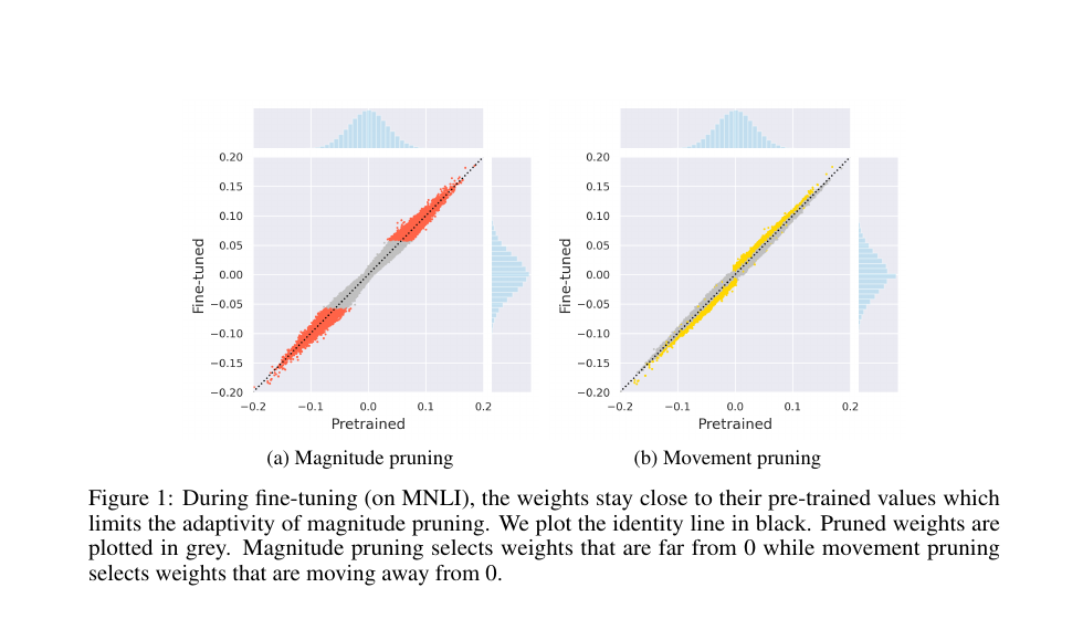 Movement Pruning Figure 1 comparing magnitude pruning against movement-based selection during MNLI fine-tuning