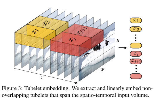 ViViT tubelet embedding extracts non-overlapping blocks across time, height, and width and maps each block to one video token