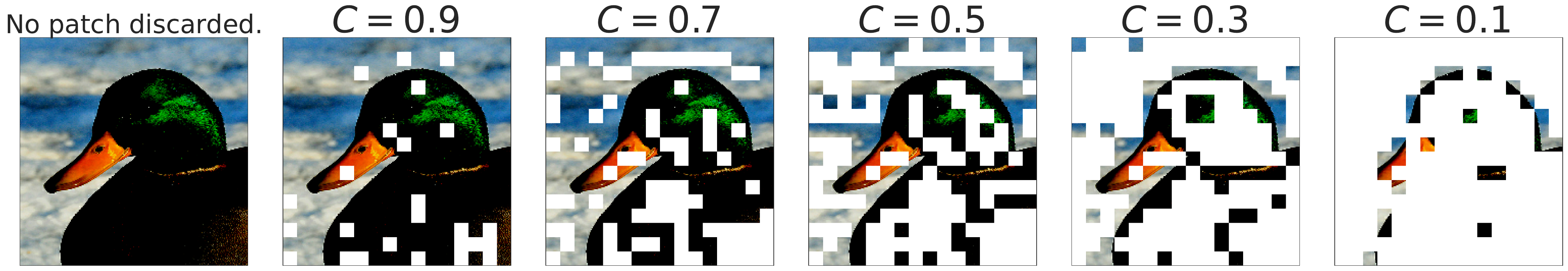 Source-reported V-MoE Batch Prioritized Routing example in which white regions are discarded patch tokens as capacity decreases