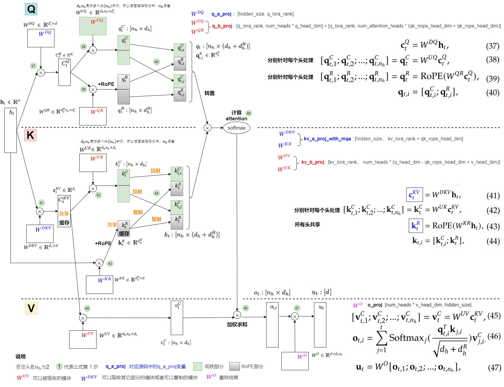 A28 source-to-tensor diagram showing query down/up projection, joint K/V down-projection, head-local expansion, RoPE split, checkpoint tensor names, and concrete DeepSeek dimensions
