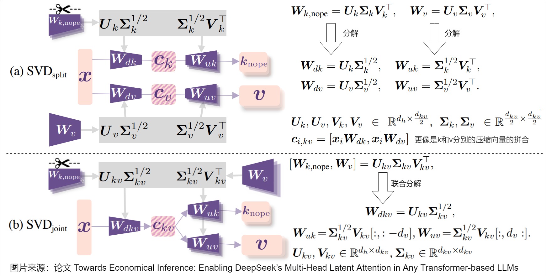 MHA2MLA compares separate key/value SVD initialization with joint SVD over the concatenated NoPE-key and value maps