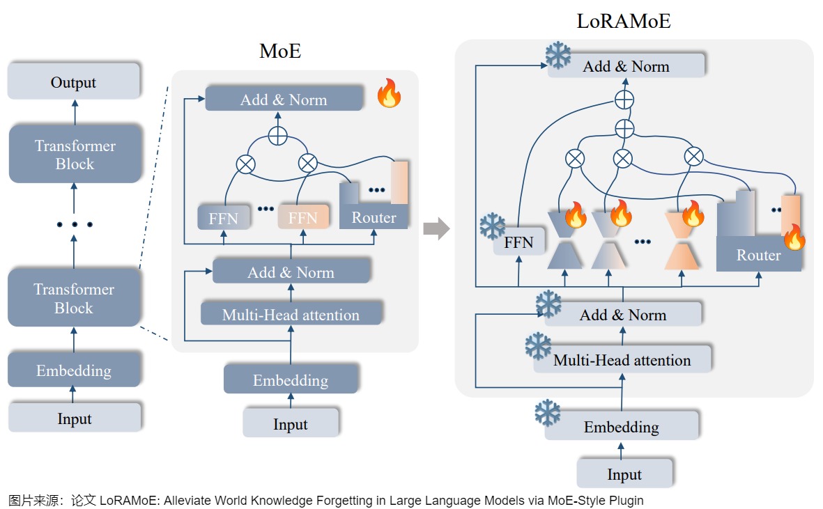 Source-local LoRAMoE comparison with a frozen Transformer path and trainable routed LoRA experts