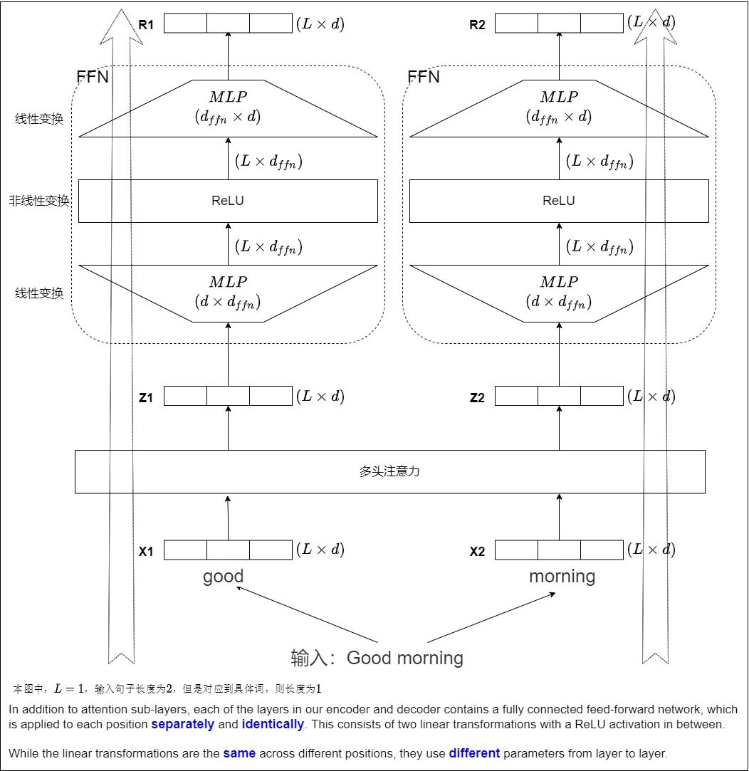 The same FFN parameters are reused independently at each sequence position, while different Transformer layers own different FFN parameters
