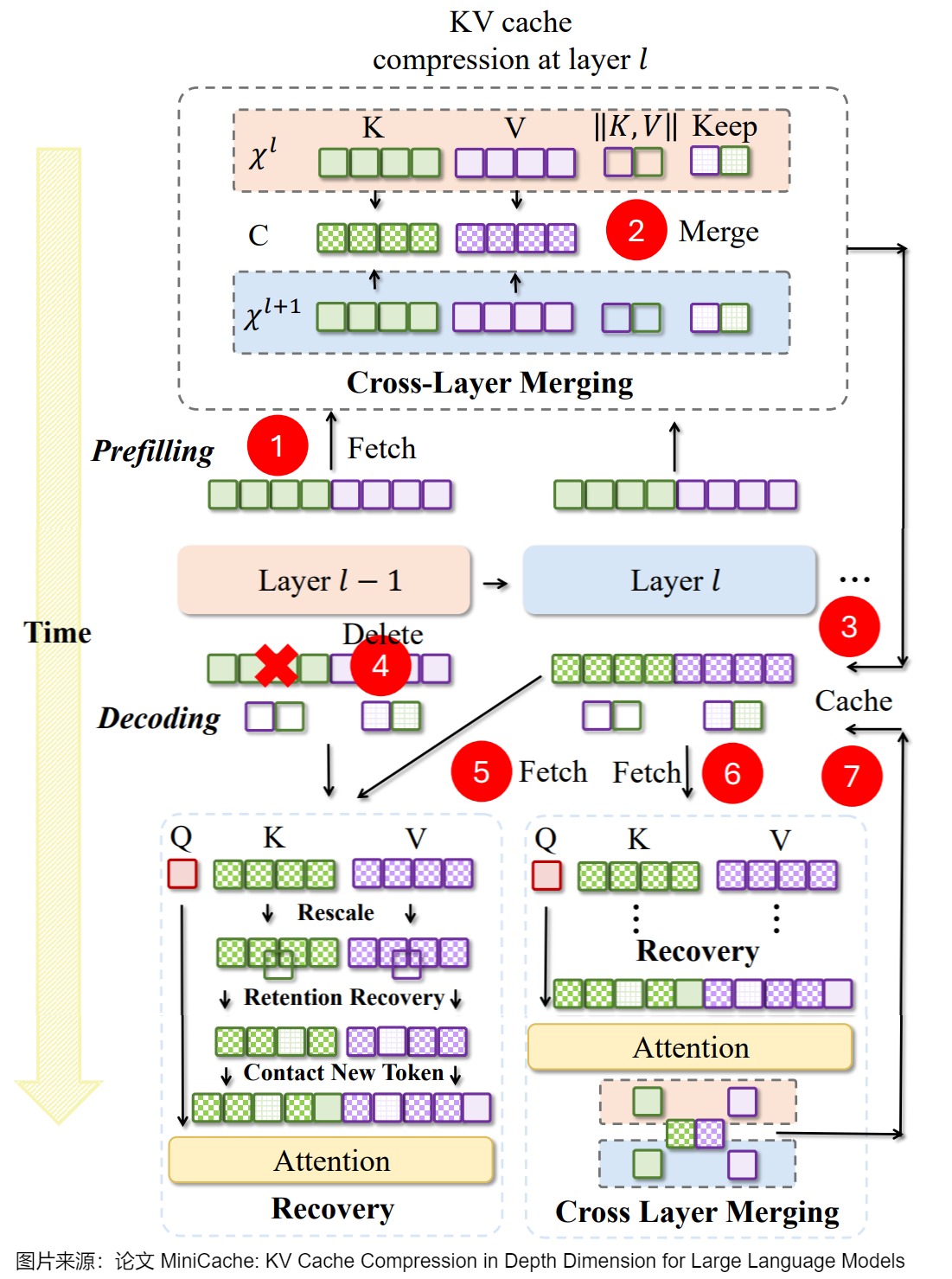 MiniCache prefill merge, release of the previous layer cache, layer restoration, new-token append, and shared-cache update