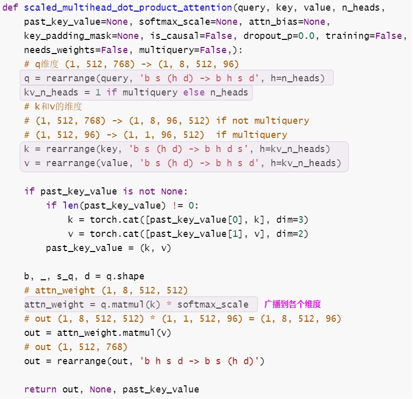 A27 implementation trace showing one MQA K/V head broadcast across multiple query heads during score and value products