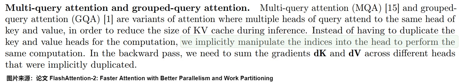 FlashAttention-2 source excerpt explaining index-based MQA/GQA forward execution and summation of K/V gradients across logically duplicated heads