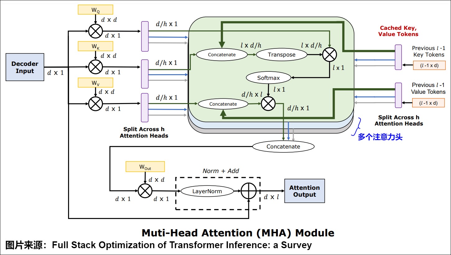 A12 MHA execution diagram showing per-head projection, cached key/value rows, head concatenation, and output projection