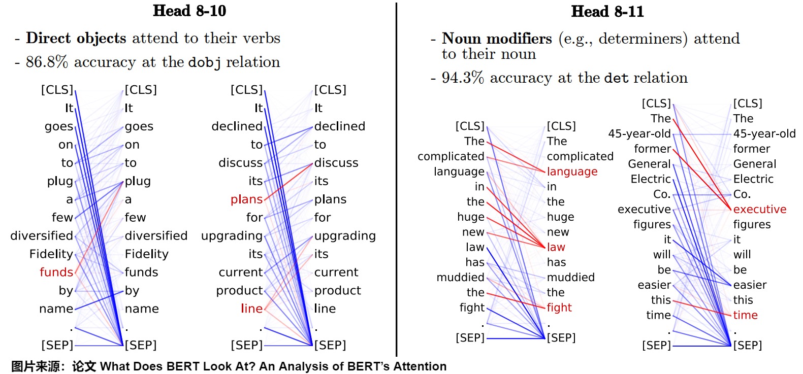 Two source-reported BERT heads whose strongest attention edges align with direct-object-to-verb and determiner-to-noun dependency relations