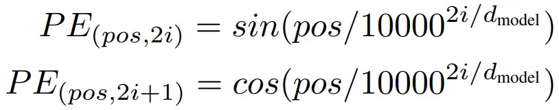 Sinusoidal positional encoding formula using sine on even dimensions and cosine on odd dimensions