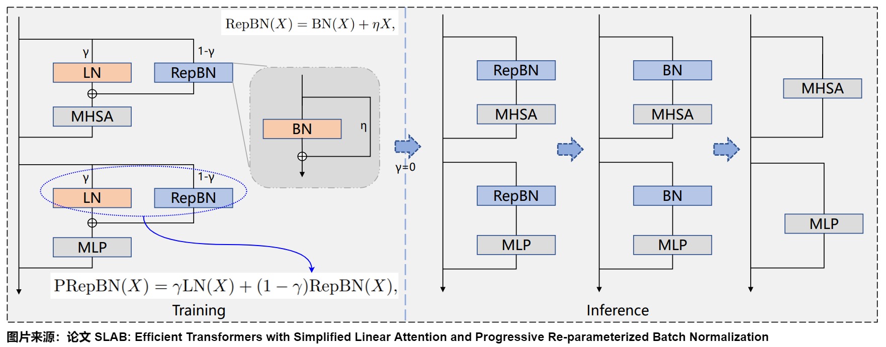 PRepBN progressively moves training ownership from LayerNorm to reparameterized BatchNorm before folding the inference graph